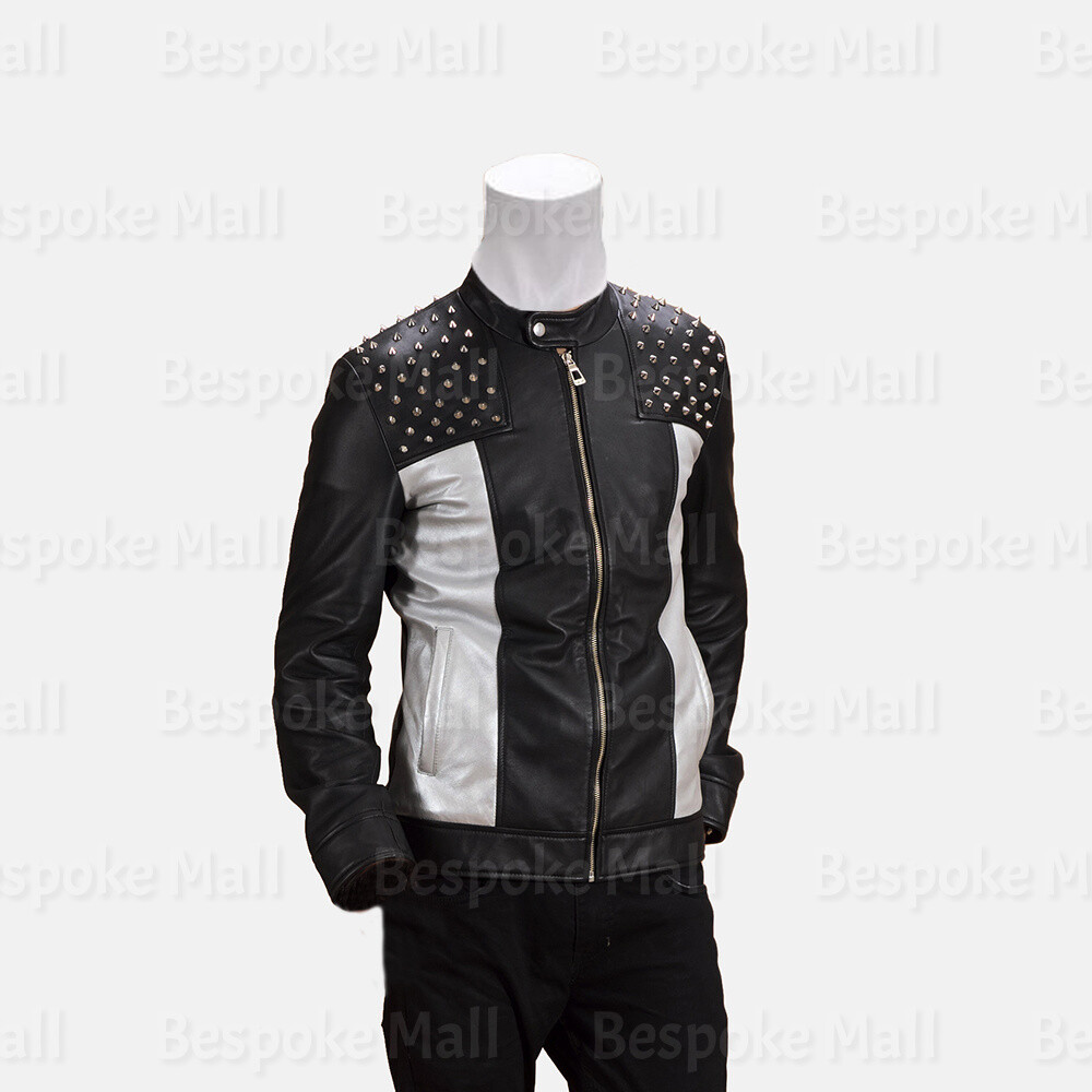 Pre-owned Handmade Men's Black White Half Silver Studded Cowhide Motorbike Leather Jacket-130 In All Colors