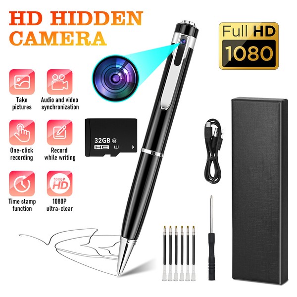 Full HD 1080p hidden camera pen with accessories.