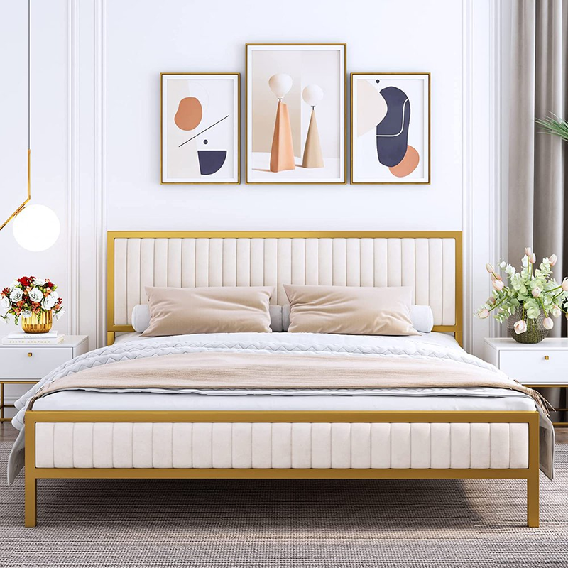 ELEGANT Platform Bed Frame Golden Metal Velvet Tufted Headboard Sleep Room QUEEN