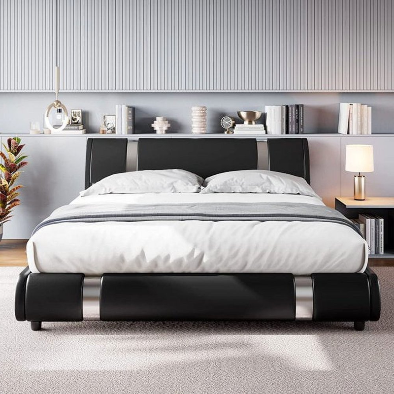 Upholstered Modern Faux Leather Sleigh Shape Headboard Wood Slat King