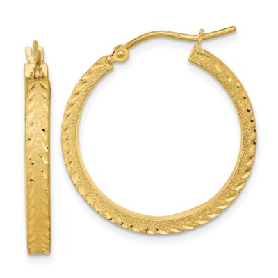 Pre-owned Superdealsforeverything Real 14k Yellow Gold Polished Satin Diamond-cut Fancy Hoop Earrings