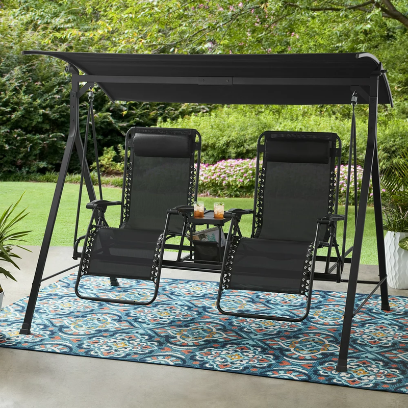 Zero Gravity Outdoor Reclining Swing W/ Canopy Sturdy Steel 2 Seaters Black NEW