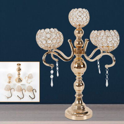 Modern Gold Candelabra 5 Arm Candle Holder with Crystal Drop for Wedding 55cm