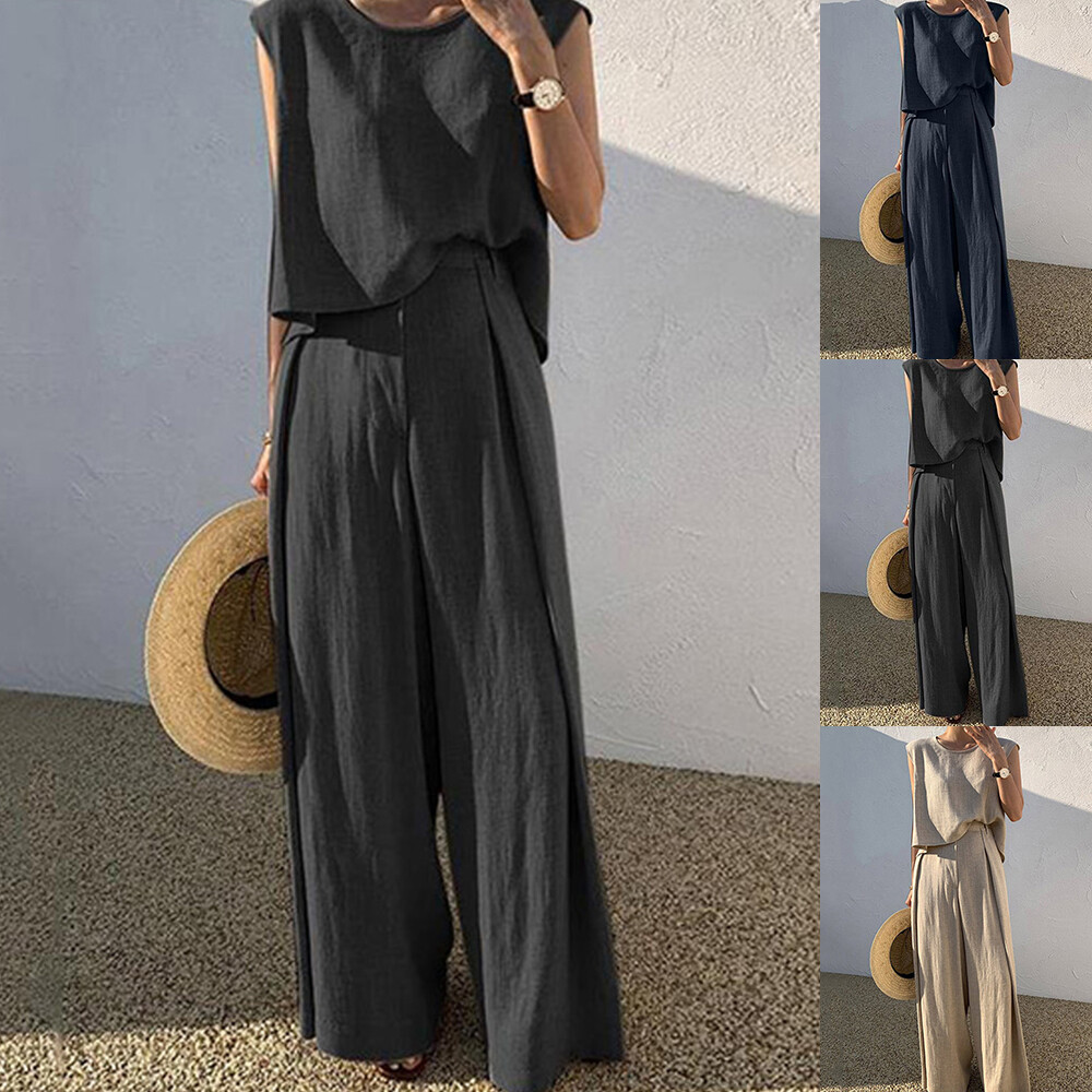 Plus Size Women Cotton Linen Outfits Sleeveless T-Shirt Vest+Wide Leg Pants Suit