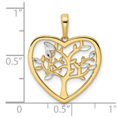 Pre-owned Superdealsforeverything Real 14kt And White Rhodium Diamond-cut Tree Of Life Heart Pendant