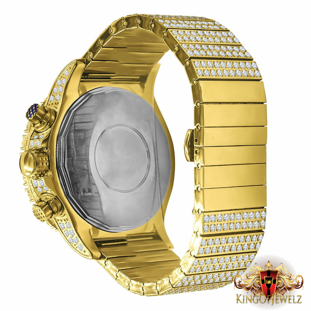 Pre-owned Blingmaster Solid Stainless Steel Yellow Gold Tone Simulated Diamond 10 Row Band Watch 48mm