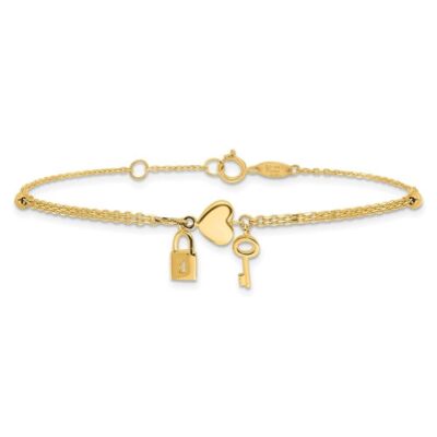 Pre-owned Diamond2deal 14k Yellow Gold Diamond-cut Heart Lock & Key Bracelet