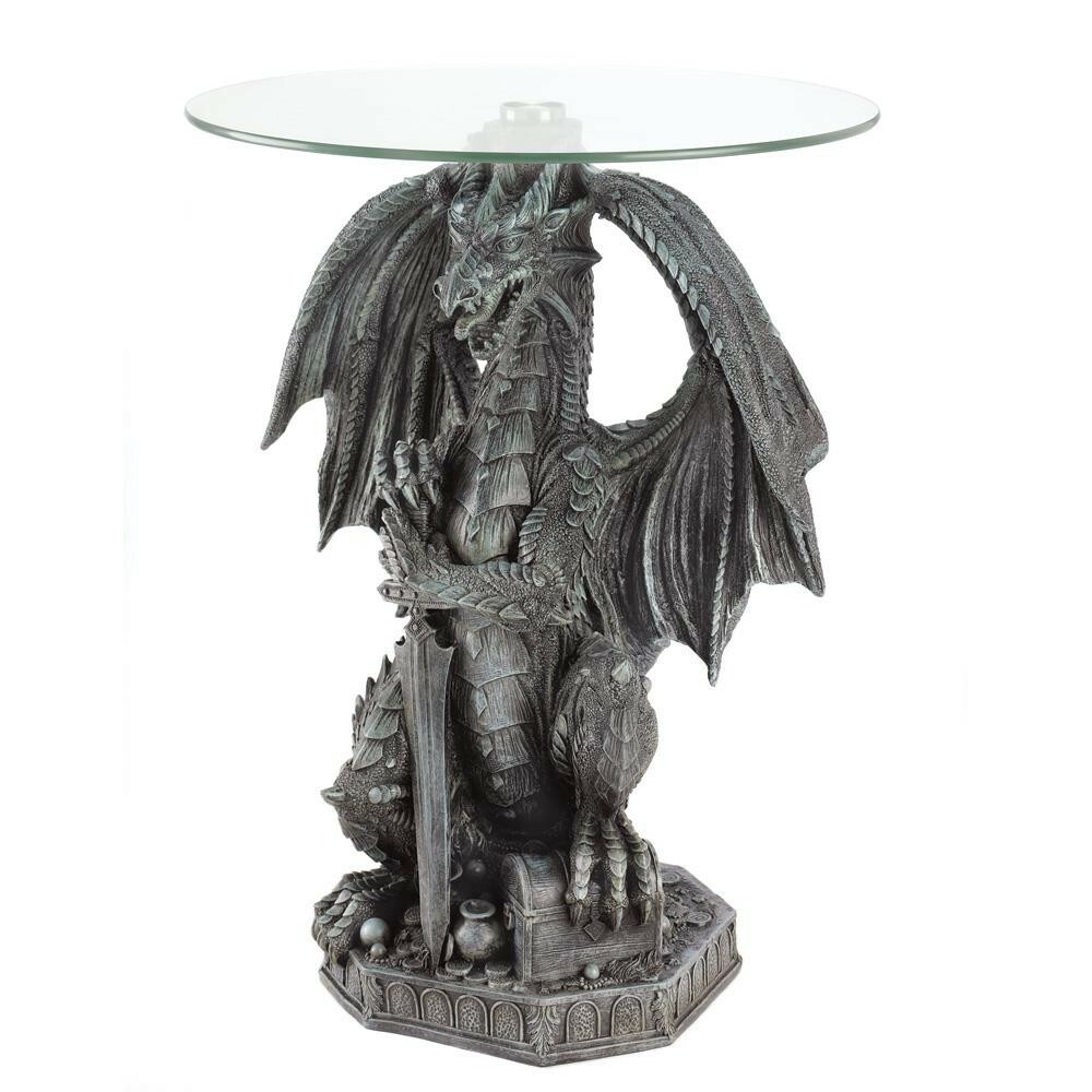 Glass Top Accent Table Guarding Dragon Collectible Home Decor Library Den Entry
