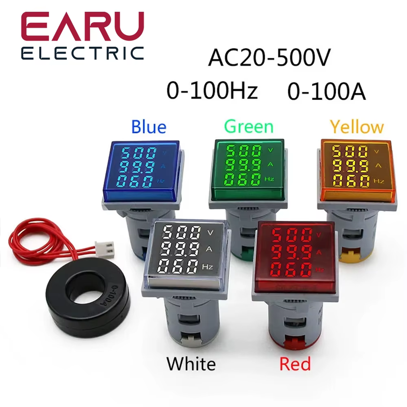 Square LED Digital Voltmeter Ammeter Hertz Meter AC20-500V Signal Lights Voltage