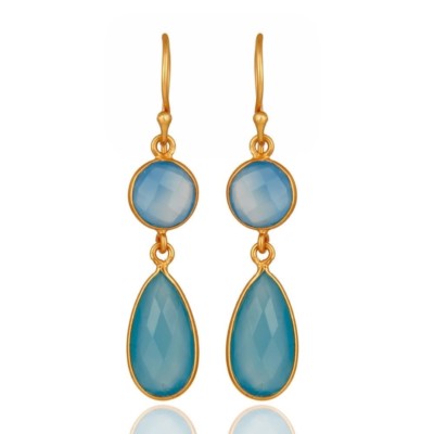 Blue Chalcedony 18K Gold Plated 925 Sterling Silver Dangle Earrings Jewelry