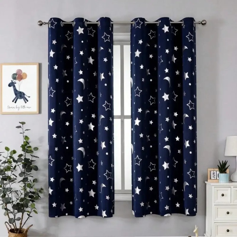 1pc Silver Pressed Star Moon Pattern Blackout Curtain, Window Curtains for Livin