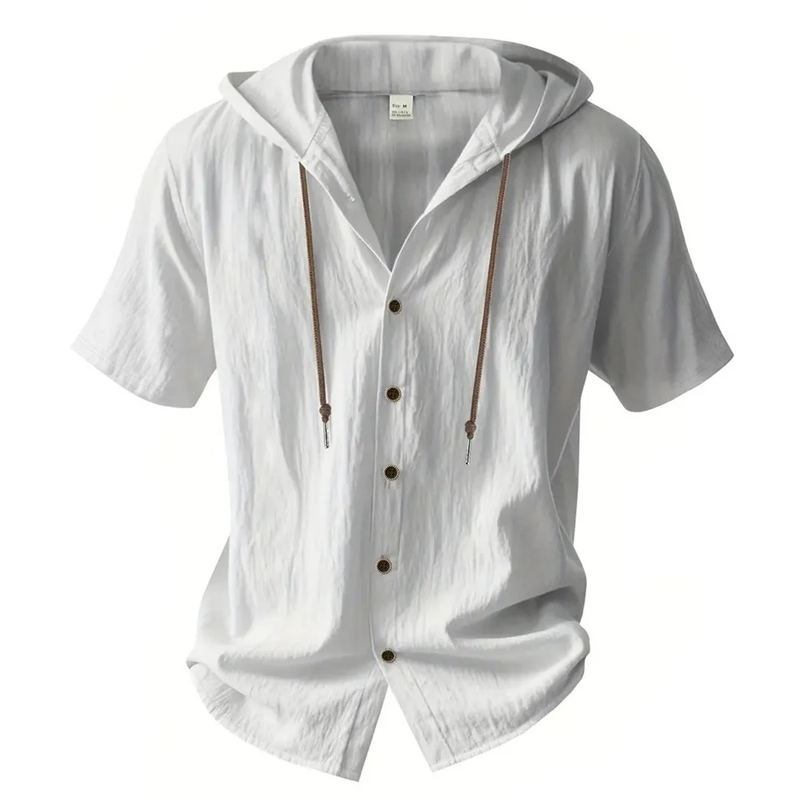 Cotton Linen Shirt for Men Hooded Short Sleeve Solid Color Breathable Lightweigh