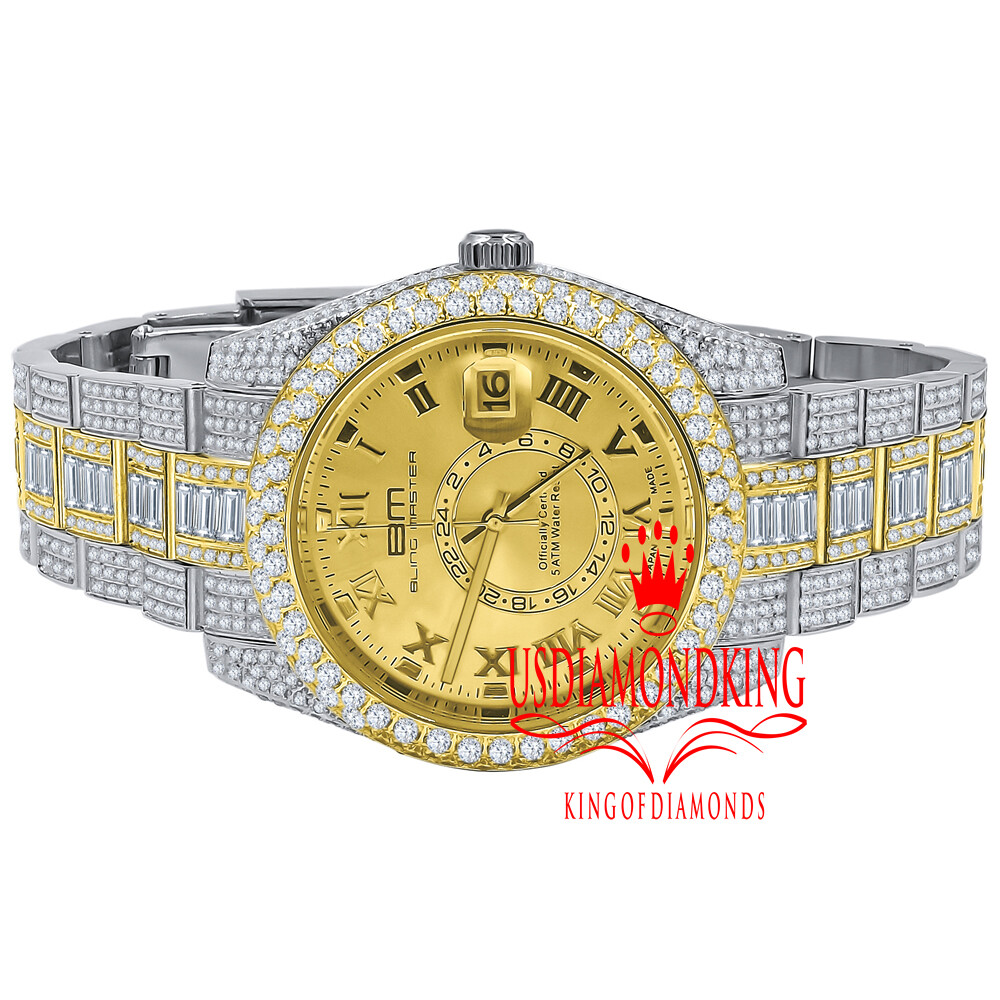 Pre-owned Bling Master Mens Full Stainless Steel 2 Tone Gold Finish Simulated Diamond Watch 42mm W/date