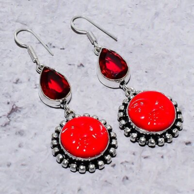 Natural Red Coral, Garnet Gemstone 925 Sterling Silver Earring 2.40'' Gift g972