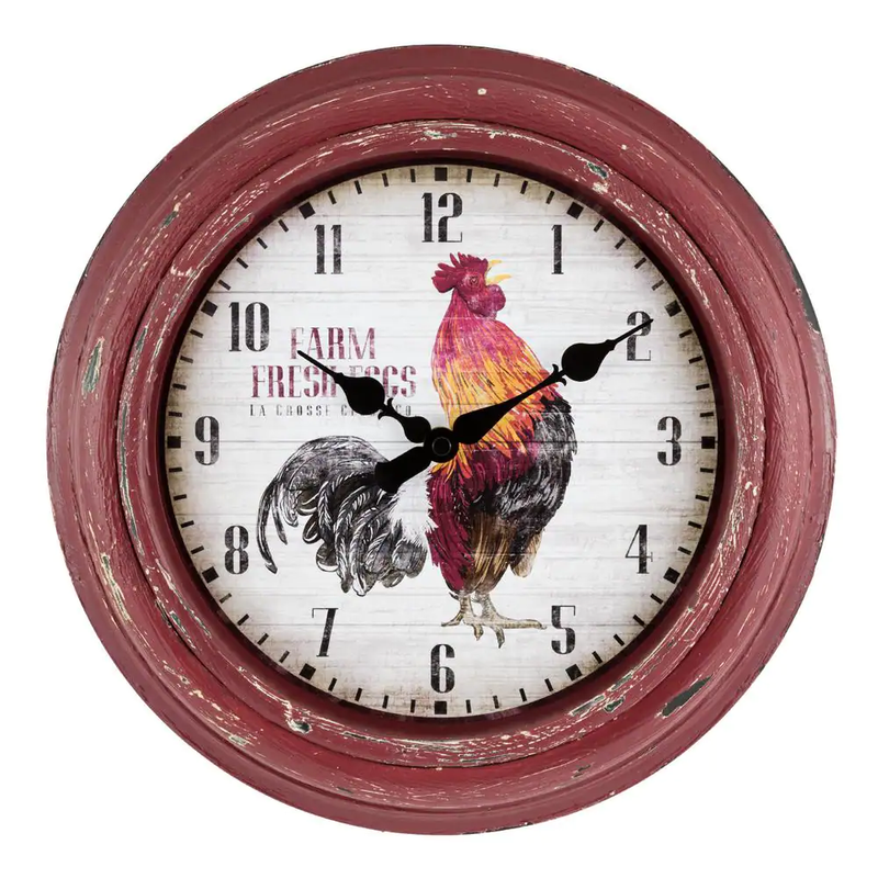 12 In. round Distressed Red Rooster Quartz Analog Wall Clock