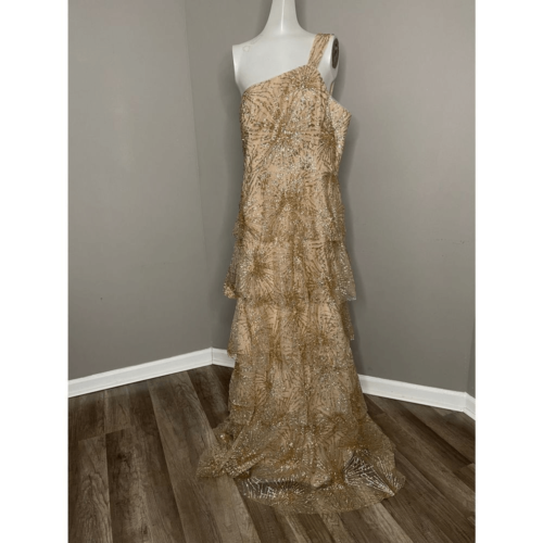 Pre-owned Marchesa Notte Tiered Beaded One-shoulder Gown In Gold