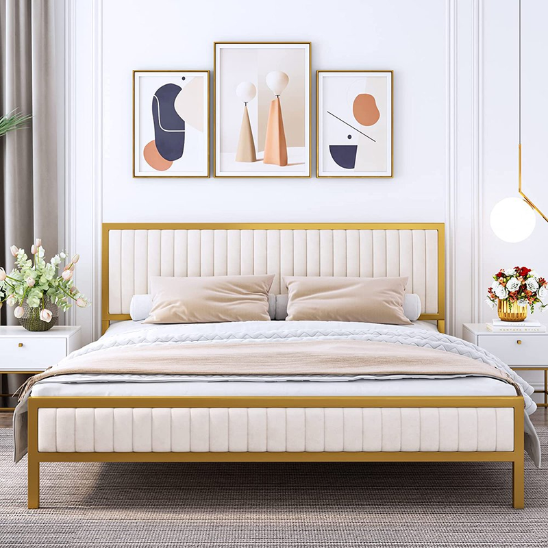 Golden Metal Elegant Velvet Tufted Headboard Wood Slat Queen