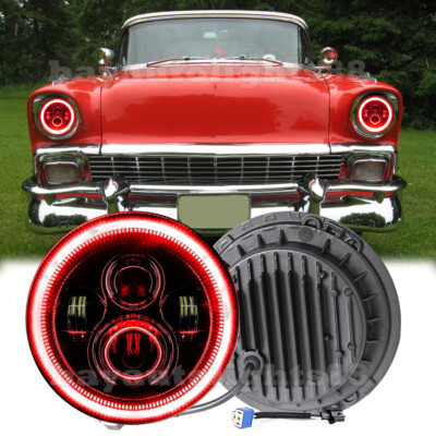 Fit CHEVY BEL AIR 1955 1956 1957 7'' INCH ROUND LED HEADLIGHTS Red DRL Hi/Lo Beam