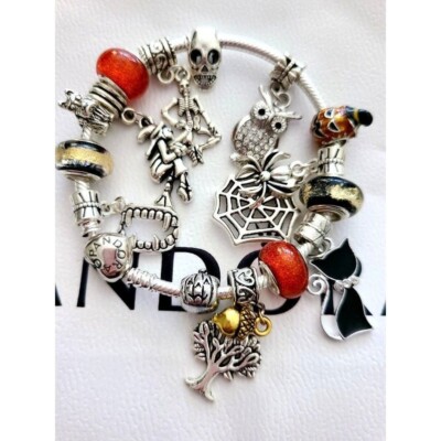 PANDORA HALLOWEEN GOTHIC Charm Bracelet .925 Sterling Silver Owl Skull Witch Cat