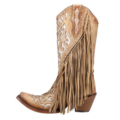 Pre-owned Corral Boots Lamb Studded Embroidered Fringe Snip Toe Cowboy Womens Brown Casua