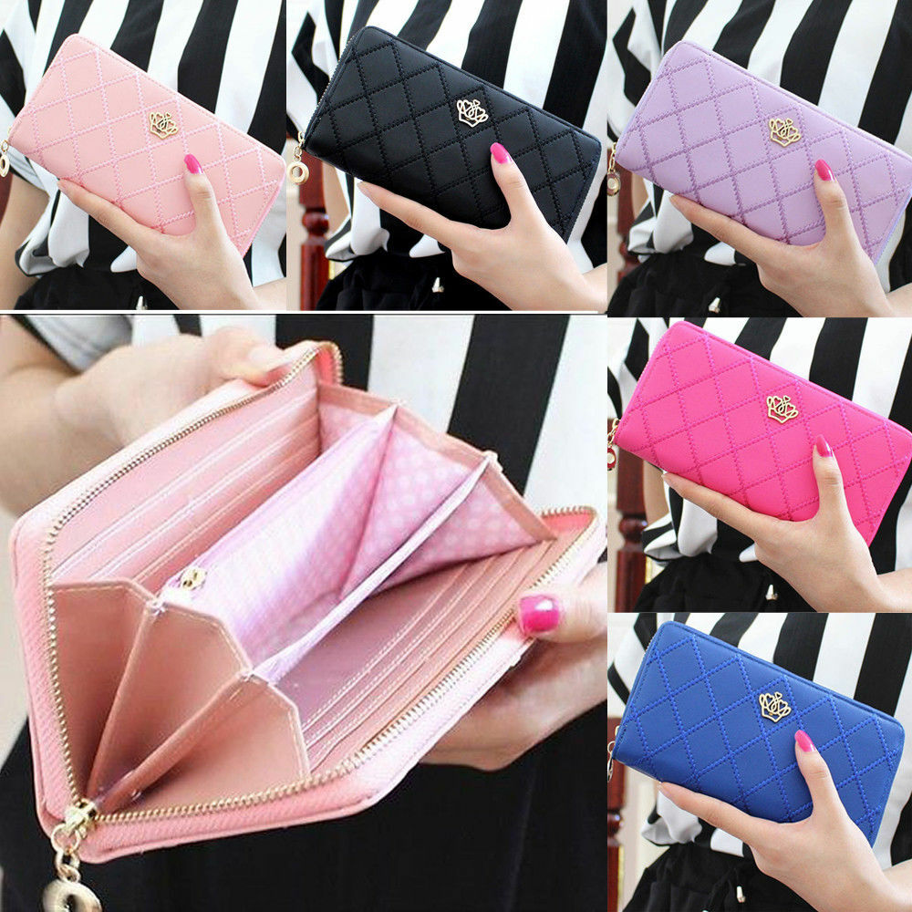 ☆LEMASQUE☆ Dow Soft Women's Leather Card Wallet Powder Pin Fashion Women Crown Leather Wallet Long Zipper Card Phone