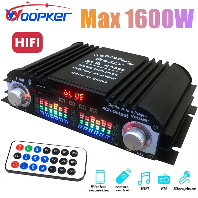BT-998 1600W Max Power HiFi Sound Amplifier Digital 4 Channel Audio AMP Bluetoot