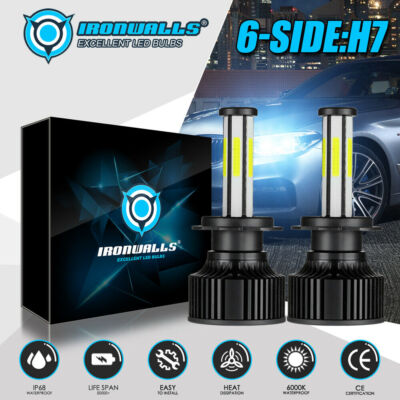 6-sided H7 LED Headlight Bulbs Conversion Kit High&Low Beam 6500K HID Plug&play