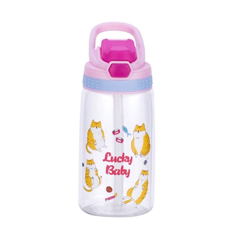 Cartoon Children Water Bottle With Straw Leak Proof Press Button Drinking Bottle