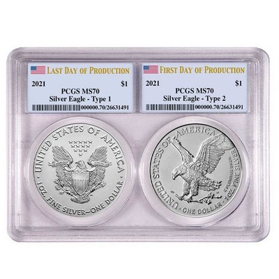 【新品】シルバー イーグル銀貨2021 Eagle PCGS MS70 T1 2021 $1 Type 1, Type 2 Silver Eagle Set PCGS MS70 First and Last