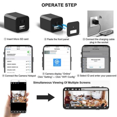 HD 1080P WIFI Micro Camera USB Wall Charger Motion Detection Recoder 32GB Card