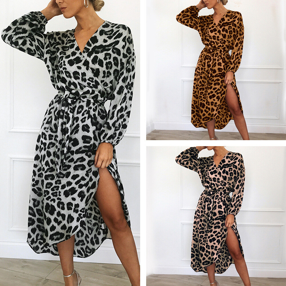 Women Boat Neck Leopard Print Ruffles Irregular Long Sleeve Tops Blouses Dress J