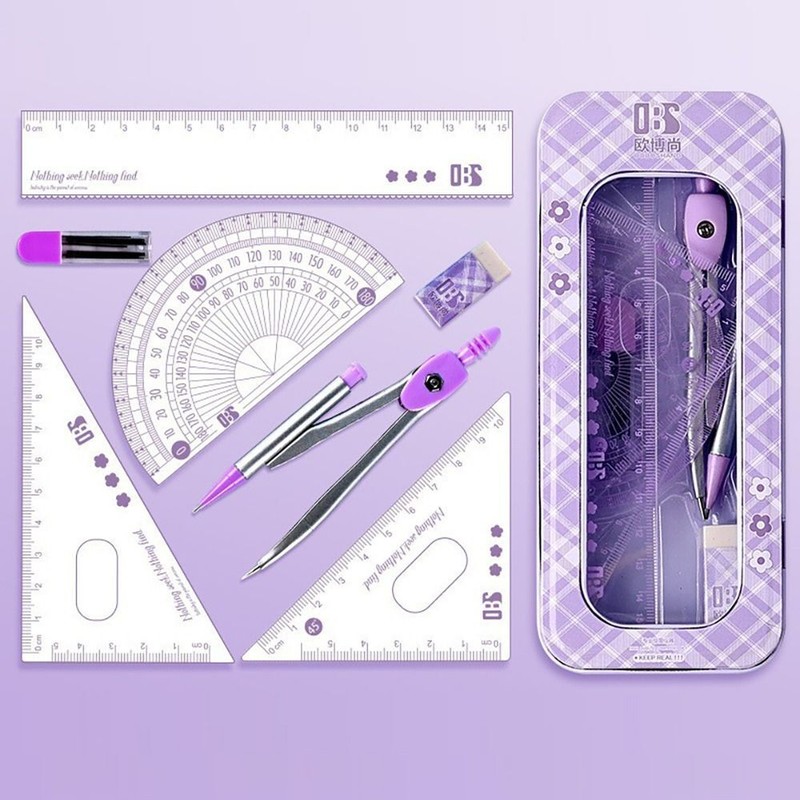8Pcs/Set Maths Ruler Pencil Set Drawing Geometry Protractor Compass  Office
