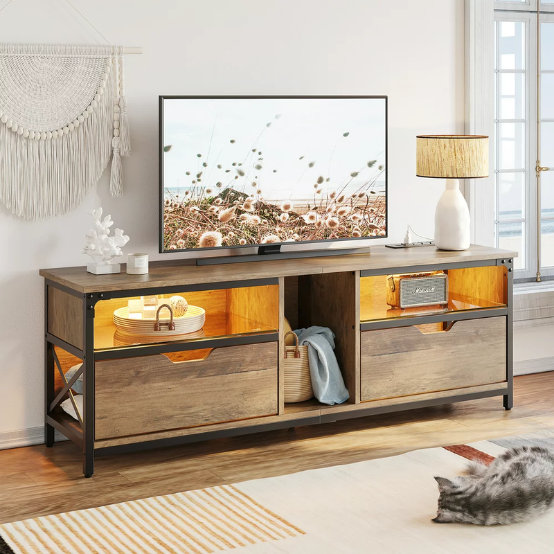 TV Stand with LED Lights & Charging Station for TVs up to 70", Rustic Oak