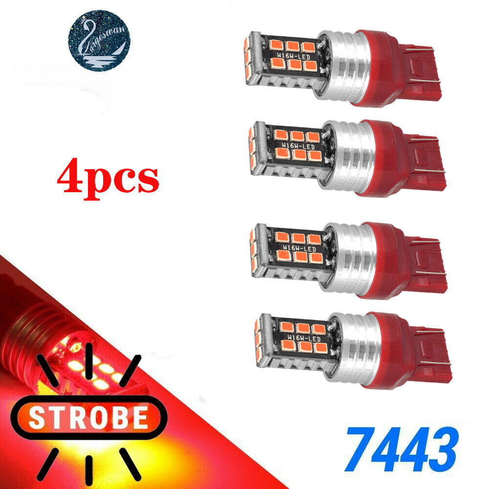 4PC Syneticusa 7443 7440 LED Red Strobe Flash Brake Stop Tail Parking Light Bulb