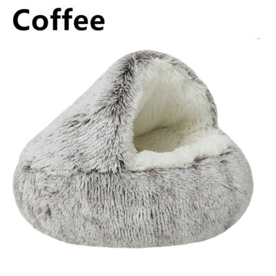 Cat Bed Round Plush Fluffy Hooded Calming Cat Bed Cave Self Warming Cover