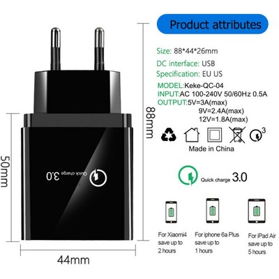 4 Port 5060Hz Schnellladung QC 3.0 USB Hub Ladegerät Adapter EU Stecker