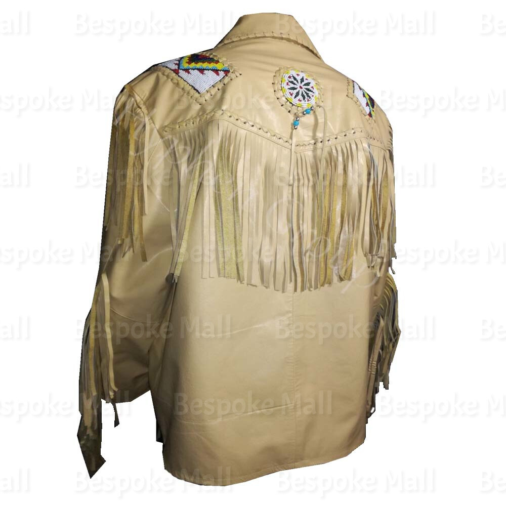 Pre-owned Handmade Men Cream Western Native American Cowboy Leather Jacket Fringes Beads-107 In White