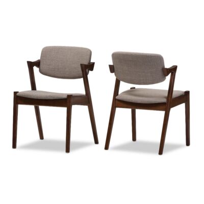 Set of 2 Elegant Mid - Century Wood and Fabric Upholstered Dining Armchairs -