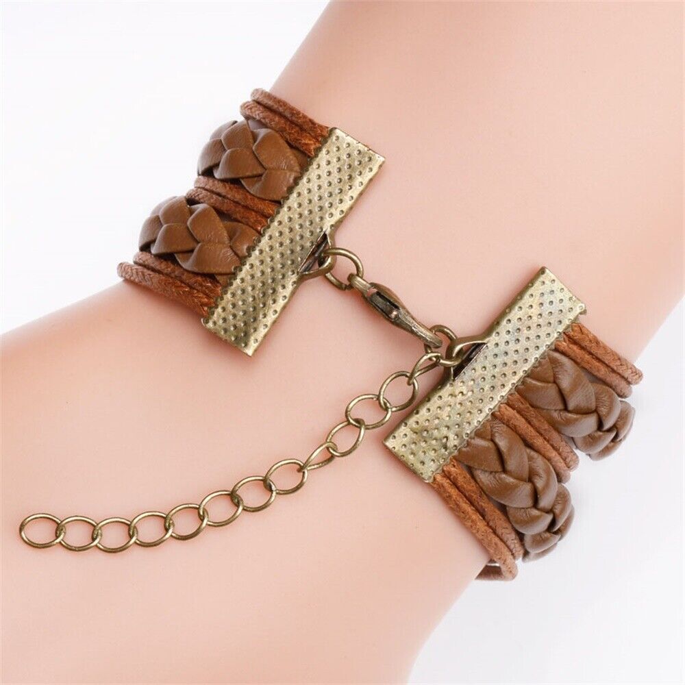 Mens Womens Braided Leather Bracelet Stainless Steel Clasp Wristband Jewelry Set