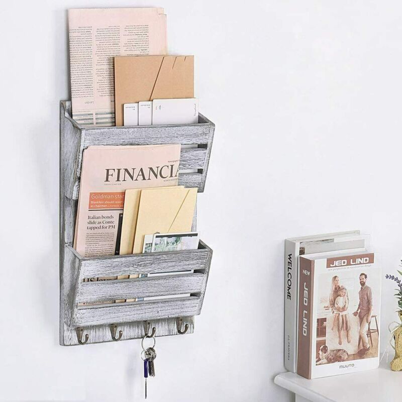 Rustic White Mail Sorter Mail & Key Holder Organizer with 3 Hooks Letter Storage