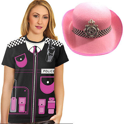 New Ladies Police Women T-Shirt Black/Pink Printed &Pink Hat Fancy Dress Costume