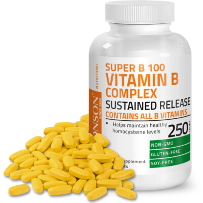 VITAMIN B 100 Complex High Potency Sustained Release ALL B VITAMINS, 250 Tablets
