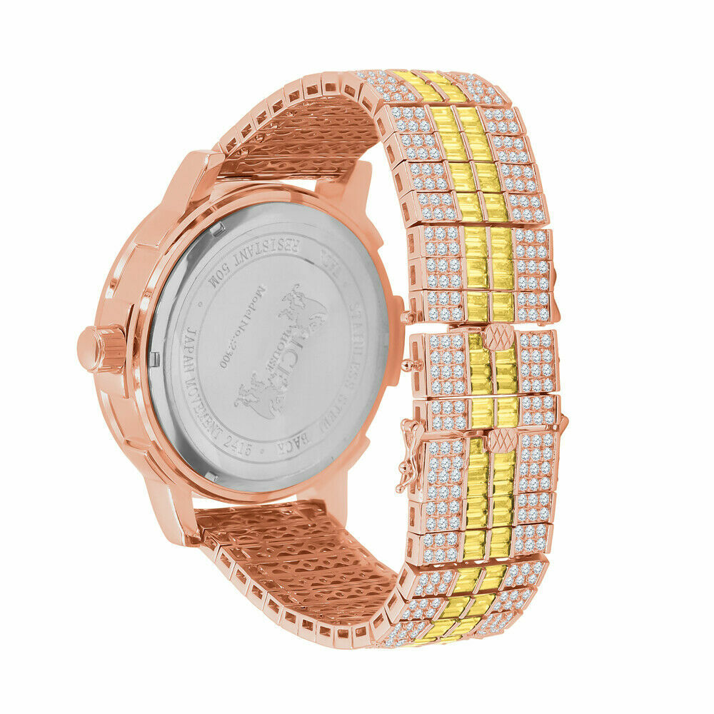 Pre-owned Ice House Custom Canary Solid Steel Bezel Rose Gold Tone Real Diamonds Band Watch W/date
