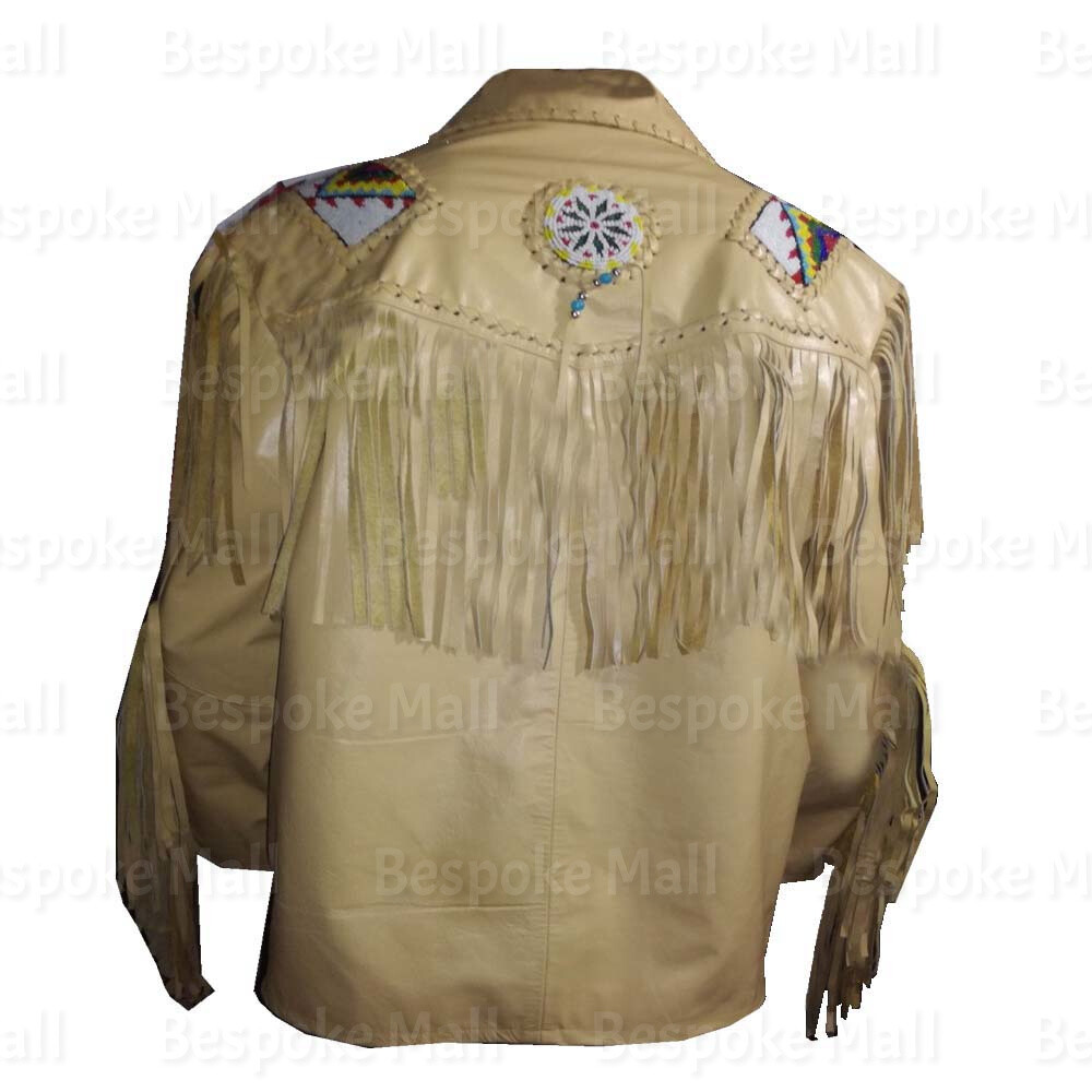 Pre-owned Handmade Men Cream Western Native American Cowboy Leather Jacket Fringes Beads-107 In White