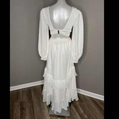 Pre-owned Patbo Cutout Tiered Crochet-knit And Satin-jersey Maxi Dress In White