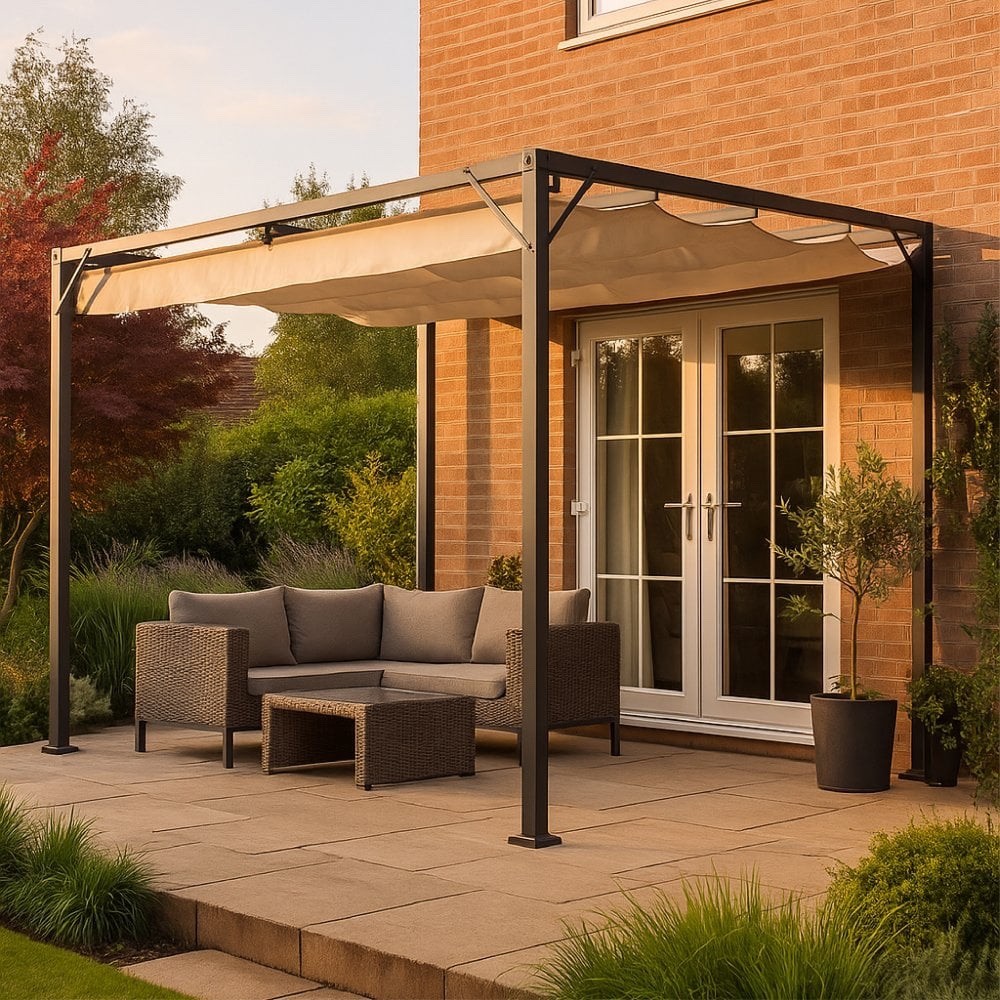 3 x 2.15m Metal Pergola Garden Awning Retractable Roof Manhattan Beige NEW