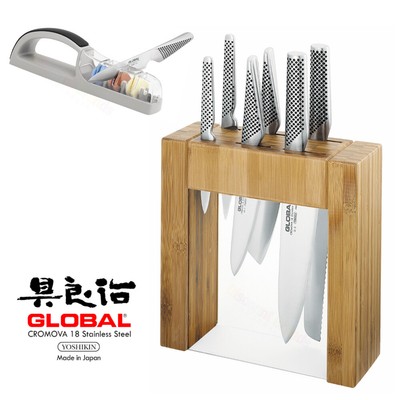 Global Ikasu 7pc Knife Block Set & 3 Stage Sharpener 