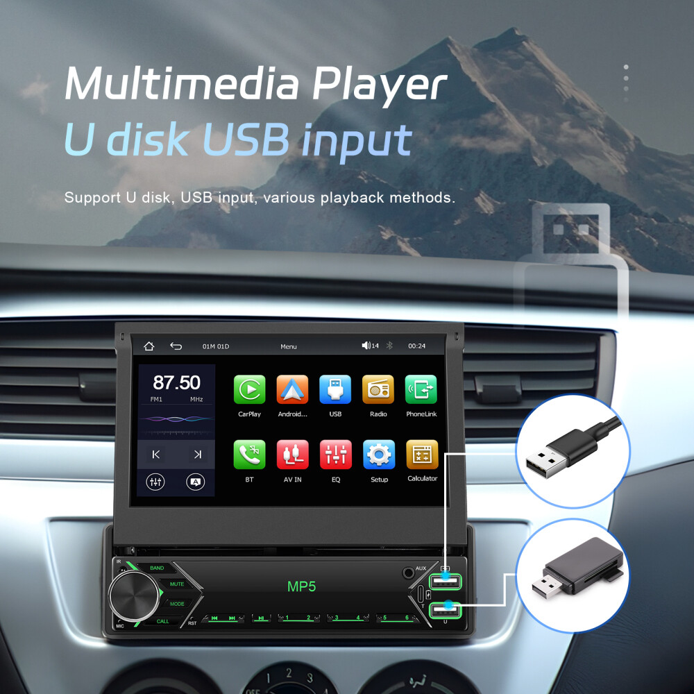 Single 1DIN 7" Car Stereo Radio Apple Carplay Android Auto GPS Flip Out Screen