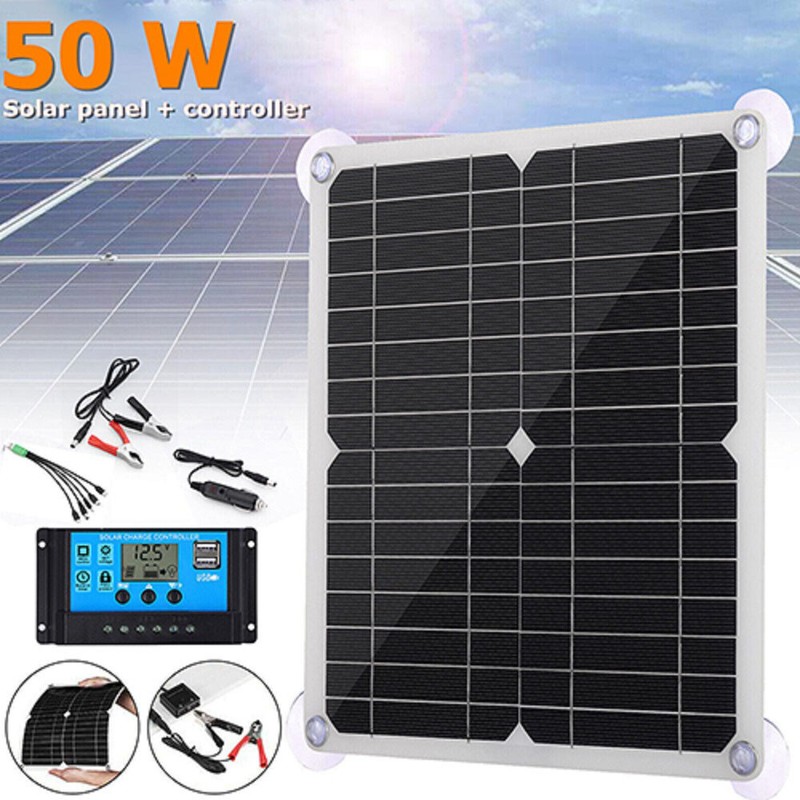 50W Solar Panel Power Controller Battery Kit 12V/24V USB Charger Caravan Camping