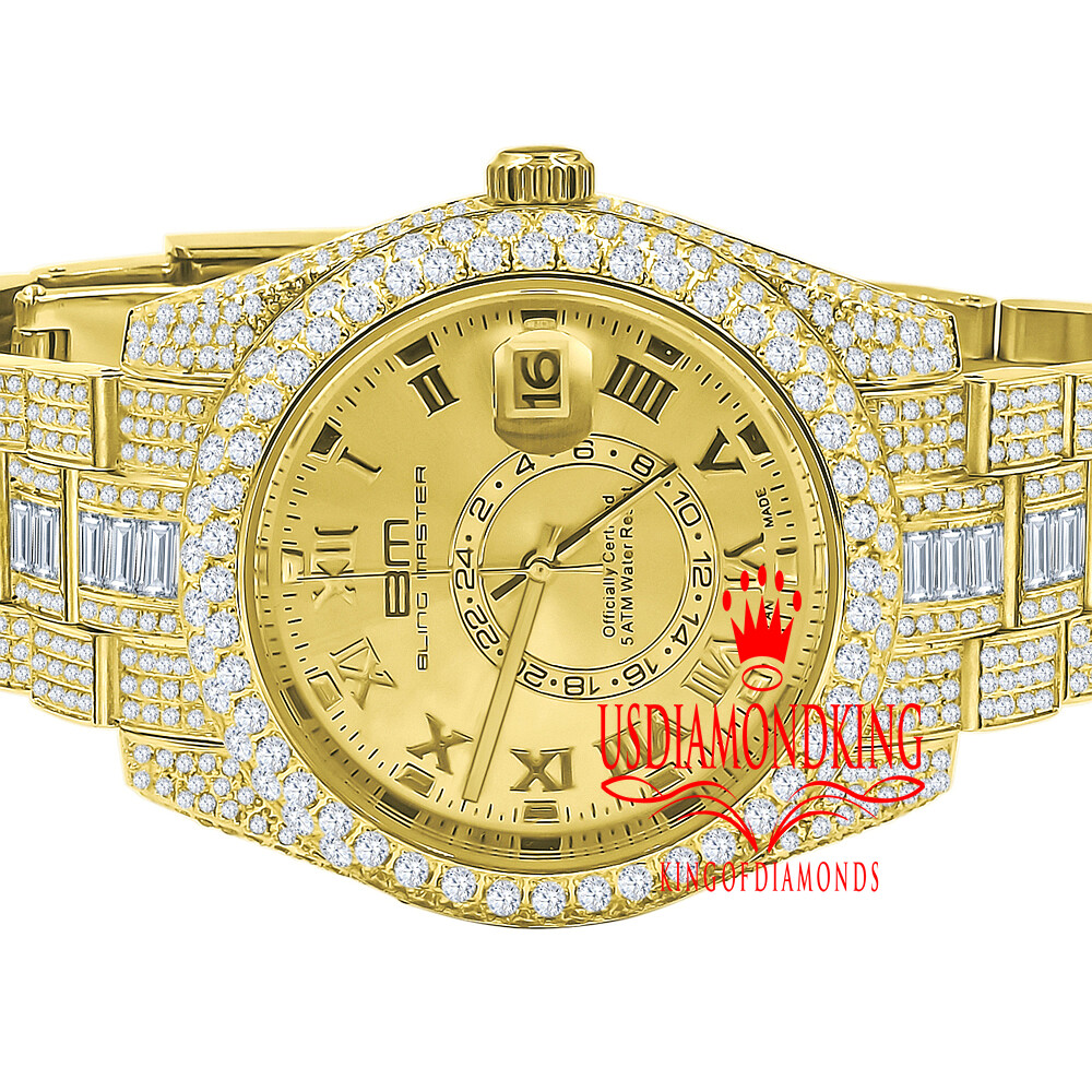 Pre-owned Bling Master Men's Stainless Steel 18k Yellow Gold Finish Simulated Diamond Watch 42mm W/date